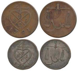 Copper (2), 1 Pice or 4 Reas and ½ Pice or 2 Reas, 1791, bale mark on obv., scales on rev.