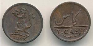 Copper 1 Cash, 0.58g, 1803, Lion holding a crown to left on obv., Value in English and Per