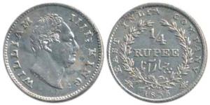 William IV, Silver ¼ Rupee, 1835, Calcutta Mint, obv. RS incuse. About Extremely Fine, Rar