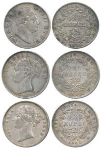 William IV, Silver Rupee, 1835, ’F’ incuse; Queen Victoria, Silver Rupee, 1840, continuous