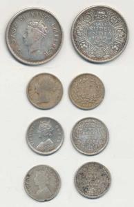 Victoria Queen and Empress, Silver 2 Annas (3), 1841, 1875, 1886; George VI, Silver ½ Rupe