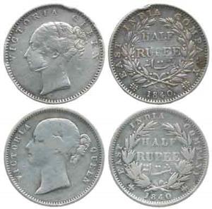 Victoria Queen, Silver ½ Rupee, 1840, continuous legend and divided legend. Fine+, Rare.