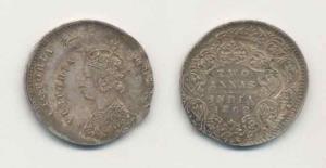 Victoria Queen, Silver 2 Annas, Error, 1862, double struck on both sides, legend Victoria 