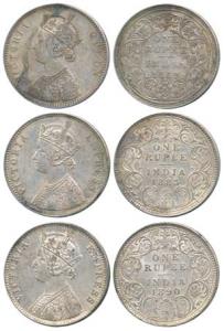 Victoria Queen and Empress, Silver Rupee (3), 1862, A / II / 0 / 10 dots; 1883, A / I ’C’ 