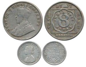 Victoria Queen, Silver 2 Annas, 1874, Bombay Mint; George V, Cupro-Nickel 8 Annas, 1919, B