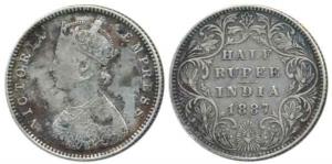 Victoria Empress, Silver ½ Rupee, 1887, Bombay Mint, A / II / ’B’ raised. About Very Fine,