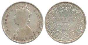 Victoria Empress, Silver ½ Rupee, 1894, Bombay Mint, A / I / ’B’ incuse (Prid 304). Fine+.