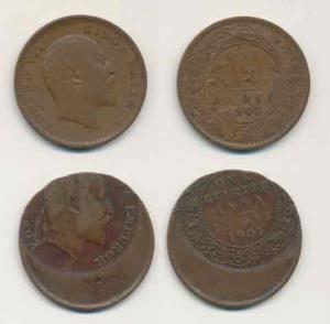Edward VII, Copper ¼ Anna (2), Error, 1907, 30% off-center; with clear ghost image on rev.