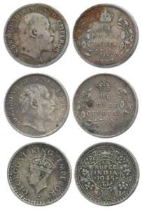 Edward VII and George VI, Silver ¼ Rupee (3), 1903, 1907 and 1945 Large 5. About Very Fine