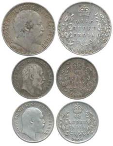 Edward VII, Silver ½ Rupee, 1910; ¼ Rupee (2), 1907, 1908, Calcutta Mint. Fine+ to Very Fi
