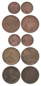 George V, Victoria Empress, Copper ¼ Anna, 1911 (2), 1885, ½ Anna, 1901 and East India Com