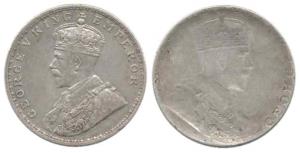 George V, Silver Rupee, Error, Brockage, nice deep and complete lakhi impression on rev., 