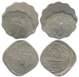 George VI, Cupro-Nickle 2 Annas (2), Error, 1946, struck on a 1 Anna planchet; 1 Anna 30% 