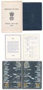 1969 Proof Set, Gandhiji Birth Centennial, set of 9, 1 Paisa to Rupees 10, Bombay Mint. In