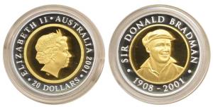 Australia, Sir Donald Bradman 1908-2001, $20 Bi-metal gold and silver, 2001, 8.4g gold and