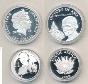 Mahatma Gandhi, Proof Silver Dollar, Cook Island; South Africa, Proof Silver Rand. The sec