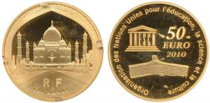 France, Gold 50 Euro, 8.45g, Taj Mahal on obv. Proof, in original box of issue.