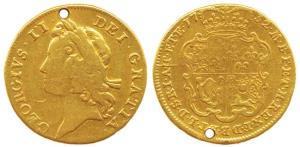 Great Britain, George II, Gold Guinea, 8g, young laureate head on obv., crowned shield on 