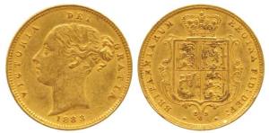 Great Britain, Victoria, Gold ½ Sovereign, 4g, shield on rev. 1883. Very Fine+, Rare.