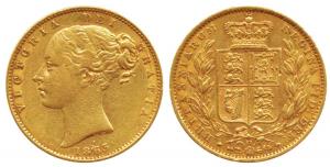 Great Britain, Victoria, Shield Sovereign, 8g, Shield on rev., 1863. Very Fine+, Scarce.