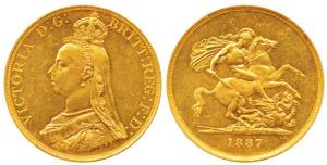 Great Britain, Victoria, Gold 5 Pounds, 40g, Jubilee head, St. George slaying a dragon on 