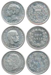 Portugal 200 Reis (3), Carlos and Emanuel II (2), 1887, 1892 and 1909. Very Fine, Scarce. 