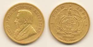 South Africa, Gold Kruger Pond, 7.9g, 1894, Single Shaft wagon on rev. (KM 10.2). Very Fin