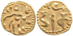 Sri Lanka, Chola Gold Fanam or 1/8 Pagoda, 0.5g, obv. king standing, rev. Nagari legend Da
