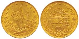 Turkey, Gold 100 Kurush, 7.2g, AH 1327/4, Qustantiniyah Mint (KM 754). About Uncirculated.