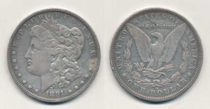 United States of America, Silver Morgan Dollar, 26.61g, 1891. Nice toning, About Extremely