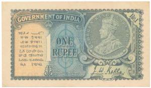 George V, Rupee 1, 2nd issue, 1935, signed J. W. Kelly, Prefix A (J&R 2.1B). Very Fine+.