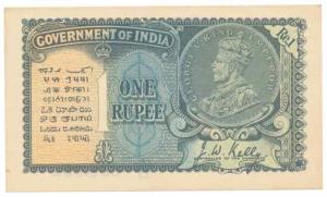George V, Rupee 1, 2nd issue, 1935, signed J. W. Kelly, Prefix D (J&R 2.1D). About Extreme