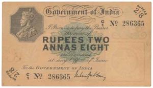 George V, Rupees 2 Annas 8 (2 & ½ Rupees), 1918, signed M. M. S. Gubbay, Prefix C for Calc