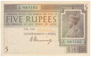 George V, Rupees 5, 1st issue, 1925, signed H. Denning, water mark variety A that is Govt 