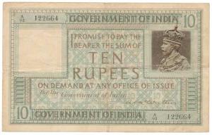 George V, Rupees 10, 1st issue, 1923, signed A. C. McWatters, prefix A, serial number in t