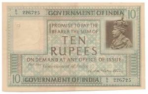 George V, Rupees 10, 1st issue, 1923, signed A. C. McWatters, prefix B, serial number in t