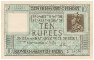 George V, Rupees 10, 1st issue, 1925, signed H. Denning, prefix B, serial number in top le