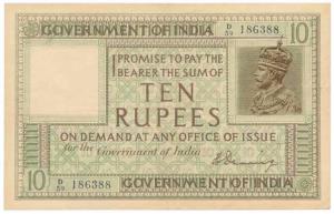 George V, Rupees 10, 1st issue, 1925, signed H. Denning, serial number in top right corner