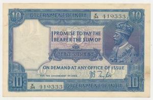 George V, Rupees 10, 2nd issue, 1926, signed J. B. Taylor, (J&R 7.2). Slight staining at b