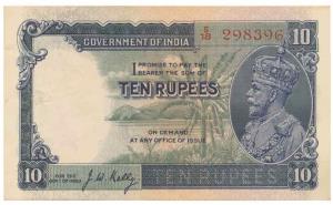 George V, Rupees 10, 3rd Issue, 1933, signed J. W. Kelly, (J&R 8.2). Extremely Fine, Rare.