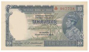George VI, Rupees 10, 1st issue, 1944, signed C.D. Deshmukh, in order of serial number wit