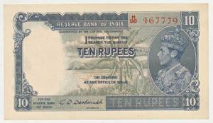 George VI, Rupees 10, 1st issue, 1944, signed C.D. Deshmukh, in order of serial number wit