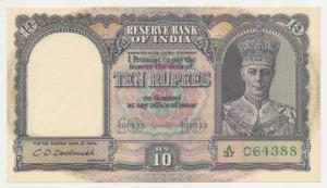 George VI, Rupees 10, 2nd issue, 1944, signed C. D. Deshmukh, (J&R 6.1). Uncirculated.
