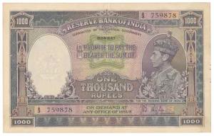 George VI, Rupees 1000, 1st issue, 1938, Bombay, signed J. B. Taylor, (J&R 8.1A).Very Fine