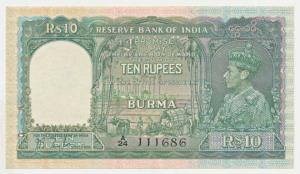 Burma, George VI, Rupees 10, 1938, signed J. B. Taylor, green colour, in order of serial n