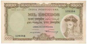 Portugese India Mil (1000) Escudos, 1959, Banco Nacional Ultramarino, (J&R 40.6). Very Fin