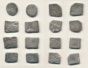 Punch-marked, Maurya Dyansty, Silver Karshapana, various symbols including sun, six armed 