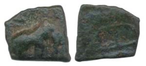 Cheras (c. 100 BC —250 AD), Copper, 3.7g, elephant to right on obv., bow and arrow on rev.