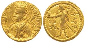 Kushanas, Huvishka (c. 152-192 AD), Gold, 7.84g, half length bust of the king seated on cl