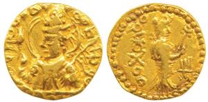 Kushanas, Huvishka, Gold Dinar, 6.38g, half length bust of the king seated on clouds, nimb
